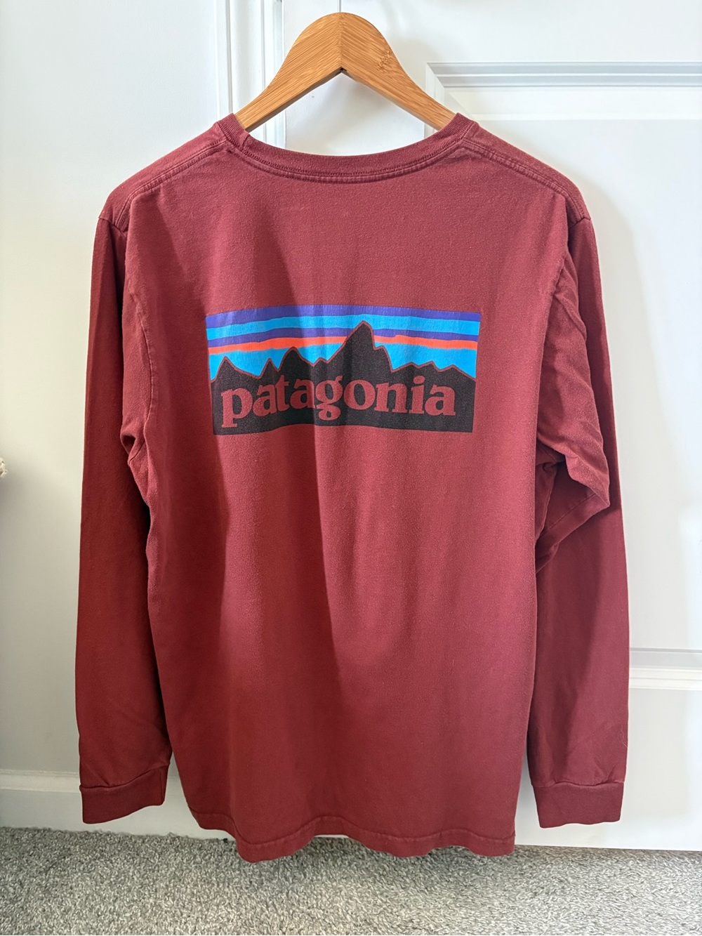 Patagonia Long Sleeve Responsibilli Logo Tee - Maroon with Blue Accent Medium